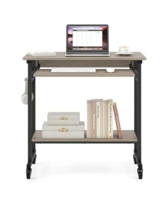 Rolling Computer Table with Pull-out Keyboard Tray and Storage Hooks
