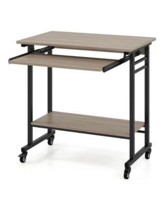 Rolling Computer Table with Pull-out Keyboard Tray and Storage Hooks