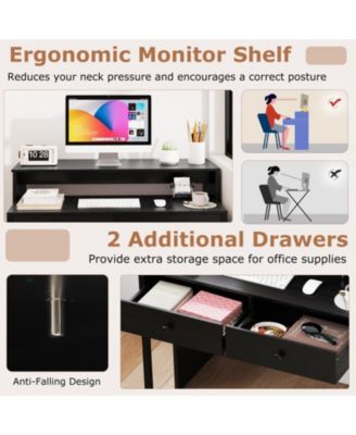 Extendable Convertible Computer Desk with 2 Drawers and Rolling Cart