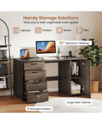 53 in Computer Desk with Power Outlets, 4 Storage Drawers and Adjustable Shelf
