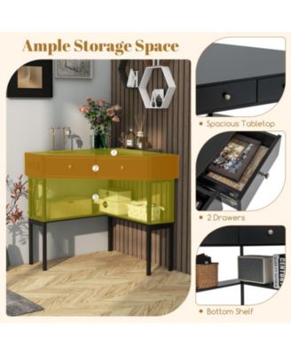 Triangle Corner Desk with Charging Station, 2 Drawers and Storage Shelf