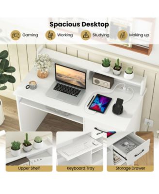 White Home Office Desk with Charging Station, Keyboard Tray and Adjustable Shelf