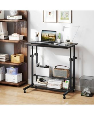 Mobile Height Adjustable Standing Table with Tilting Tabletop and Shelves