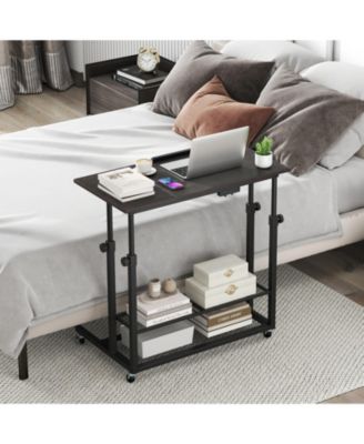 Mobile Height Adjustable Standing Table with Tilting Tabletop and Shelves
