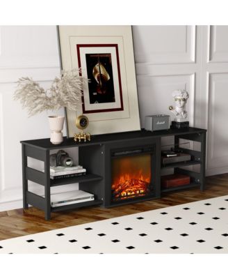 Fireplace TV Stand for up to 75" TV with Storage Shelves, Americano