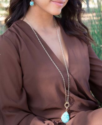 Genuine Blue Turquoise Roped Golden Bronze Pendant Necklace