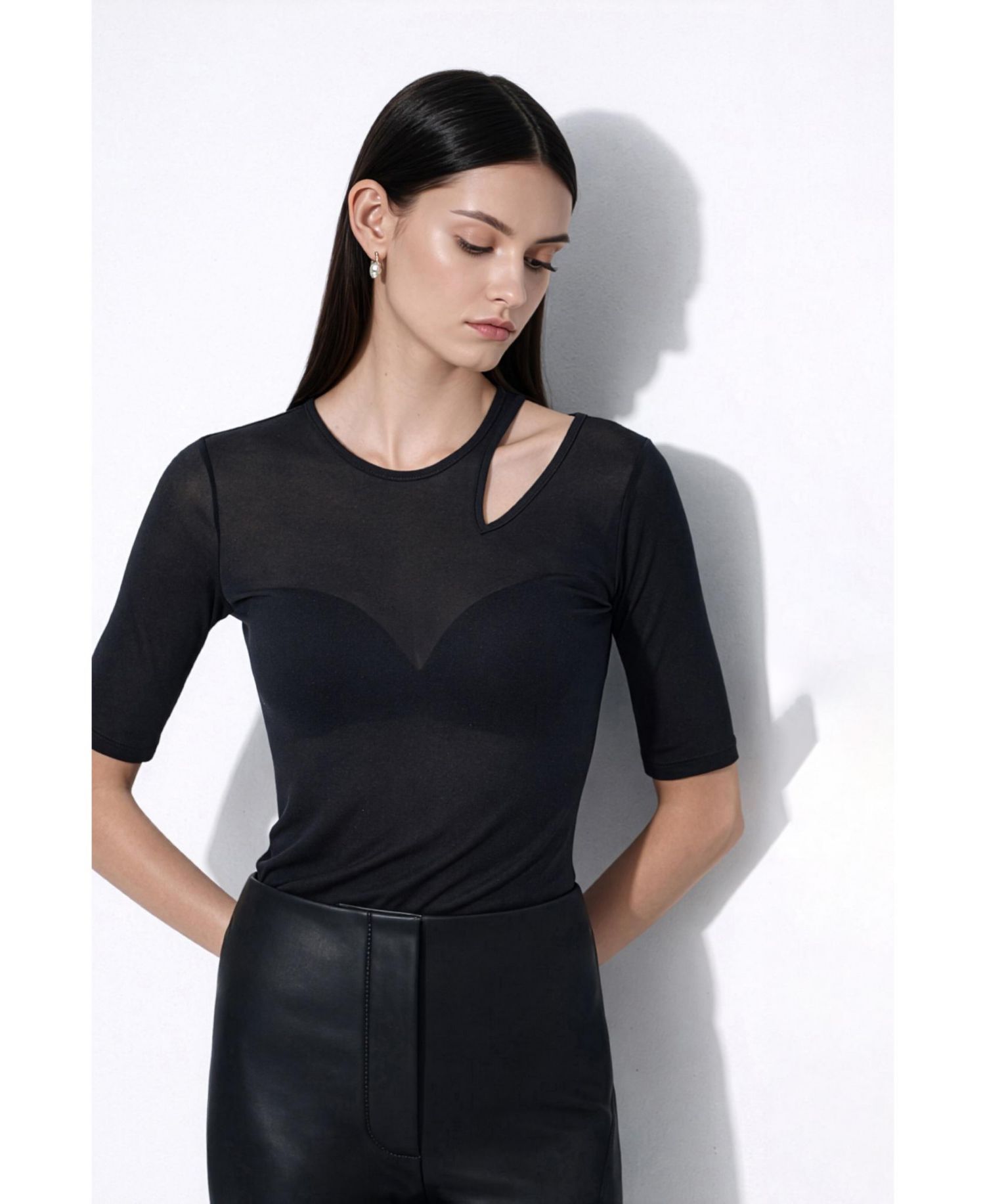 Women's Taia Fitted Sheer Jersey Elbow-Sleeve Shoulder-Cutout Top