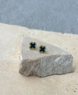 Gold 2-Piece Black Inlay Clover Pendant Necklace and Earrings Set