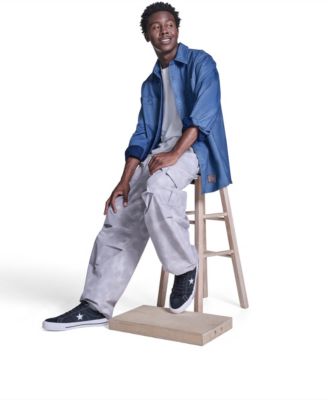 Men's Collared Jersey Denim Shirt and Box Logo Tee paired with the Box Pattern Wide Leg Cargo Pants