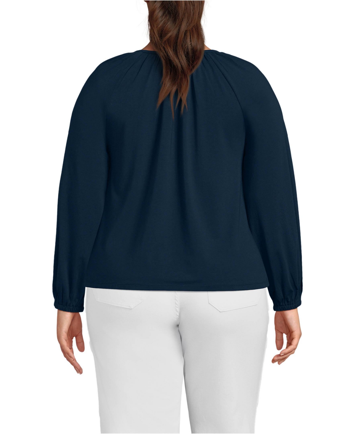 Lands' End Plus Lightweight Jersey 3/4 Sleeve Notch Neck Gather Blouse