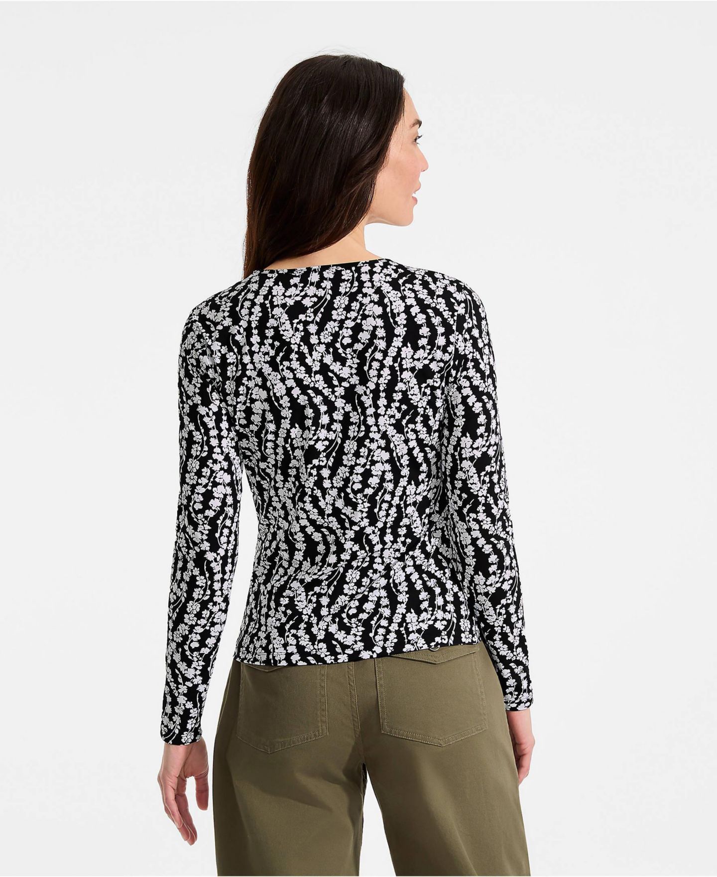 Женская футболка Lands' End Tall Long Sleeve Crewneck Garden - Sunshade UPF 50 Quick Dry, цвет: Чёрный / Белый с принтом — фото 2