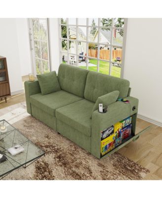 Stylish Chenille Loveseat Sofa, 67 Inch 2-Seater Couch with Storage, USB Charging and Cup Holders for Apartment and Living Room