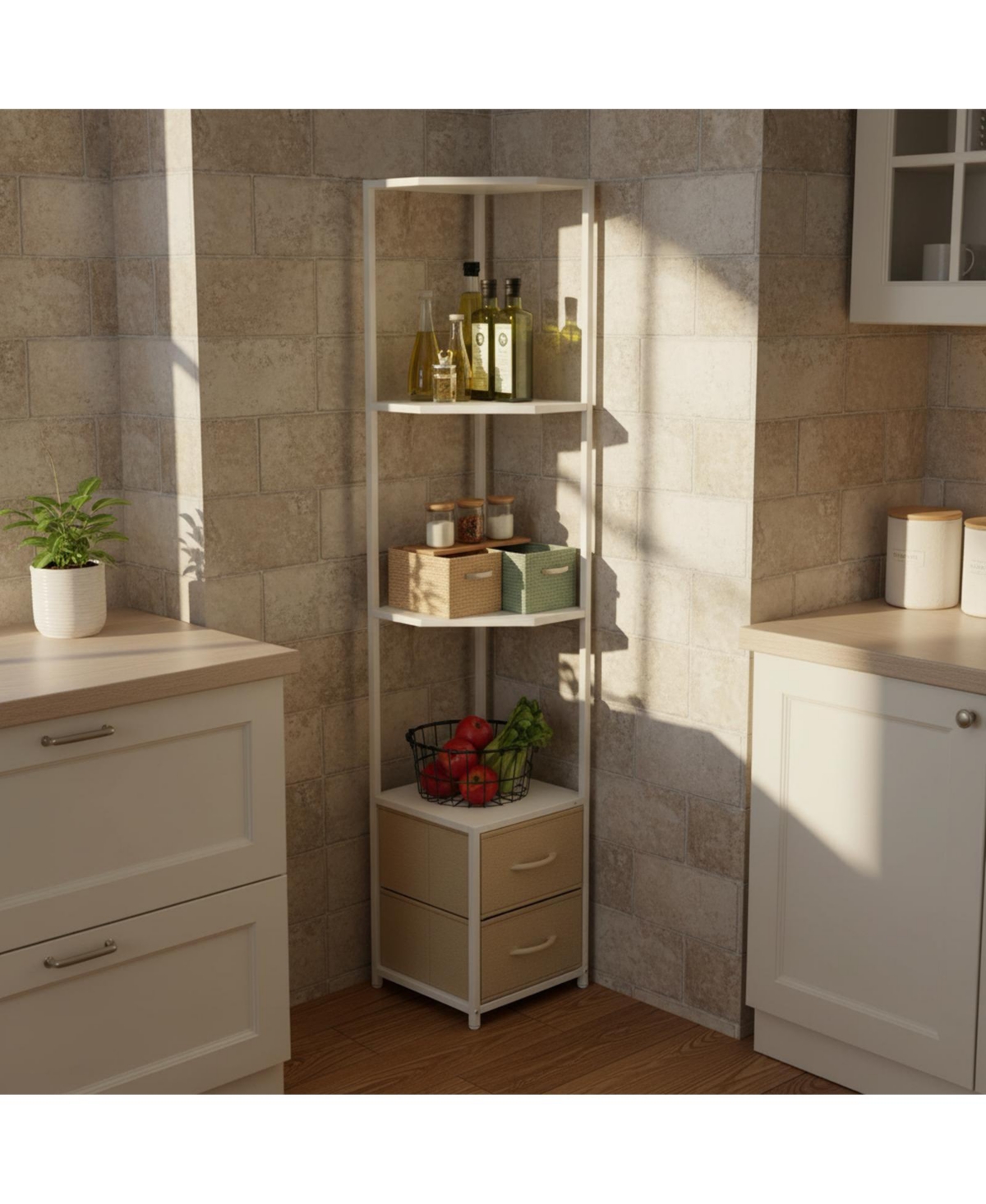 Yigii 63.4'' Tall 6-Tier Corner Shelf Stand with Storage Fabric Drawers Freestanding for Living Room Bedroom Kitchen Bathroom