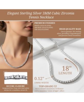 Elegant Sterling Silver 3MM Cubic Zirconia Tennis Necklace