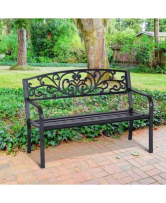 50" Outdoor Bench, Metal Garden Bench with Floral Pattern Backrest, Porch Bench