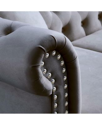 80" Velvet Sofa 3-Seater Tufted Chesterfield Couch Rolled Arm Nailhead