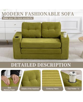 Fold Out Convertible Sofa Bed, Comfortable Corduroy Loveseat Floor Sofa with Cup Holders and Pillows for Living Room and Small Spaces