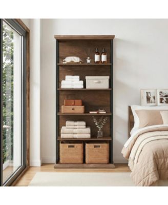 72'' Wooden Bookcase, 5-Tier Farmhouse Bookshelf, Free-Standing Display Storage Shelves