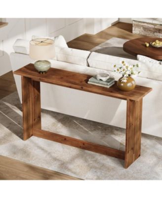 Solid Wood Media Console, 63" Rustic Distressed Walnut Entryway Table, Farmhouse Sofa Table for Living Room, Hallway, Foyer