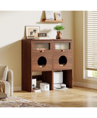 Hidden Cat Litter Box Enclosure with Storage, Frosted Door Cat House Furniture Cabinet
