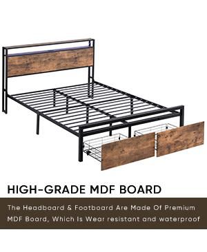 Queen Size Bed Frame with Storage Headboard, LED Lights and Charging Station, Platform Bed with 2 Drawers