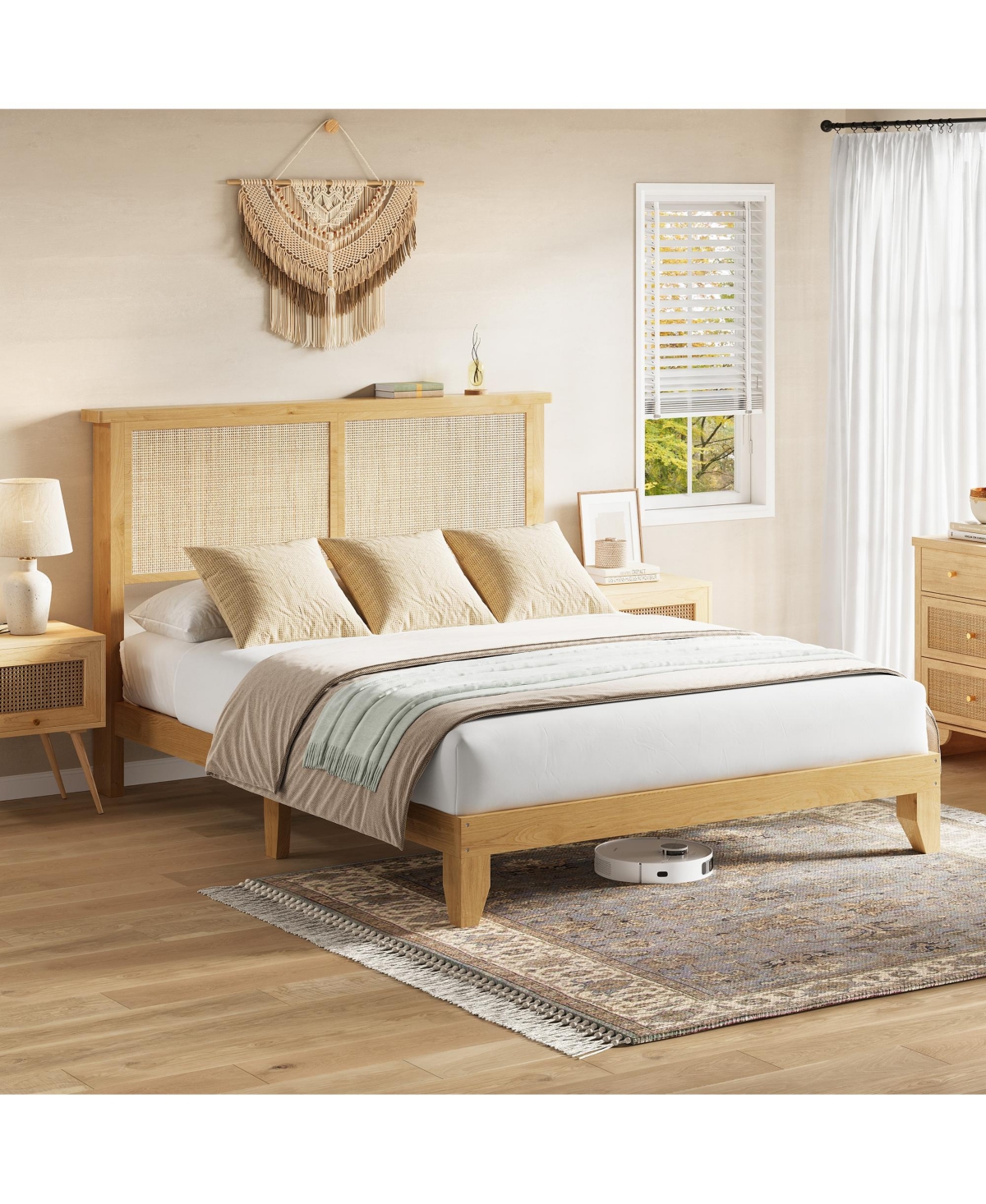 Homfan Bed Frame with Rattan Headboard, Platform Bed Frame with Led Lights