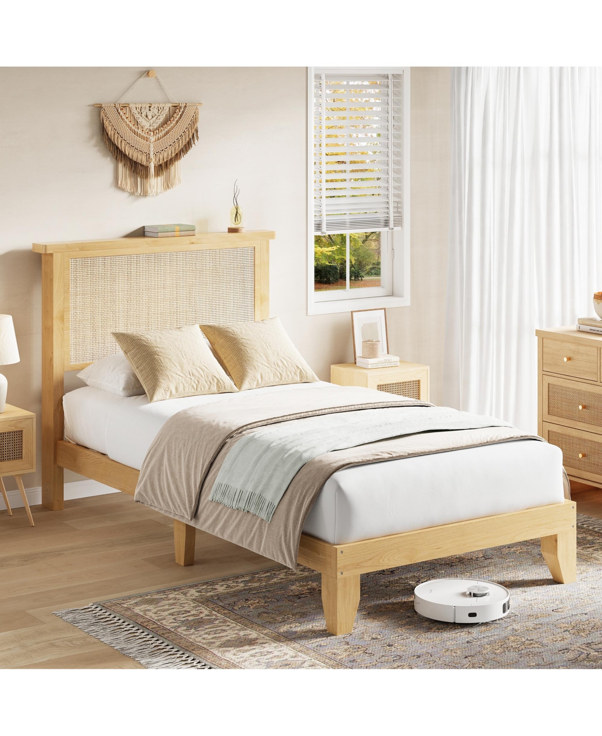 Homfan Bed Frame with Rattan Headboard, Platform Bed Frame with Led Lights