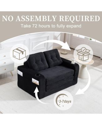 Convertible Sofa Bed, Foldable Loveseat Couch with Cup Holders and Pillows, Corduroy Fabric Futon for Living Room and Small Spaces