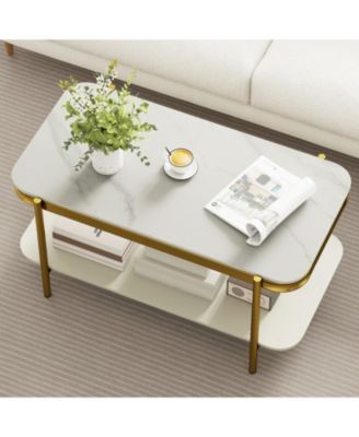 35.5 in Modern Sintered Stone 2-Tier Coffee Table with Gold Metal Frame