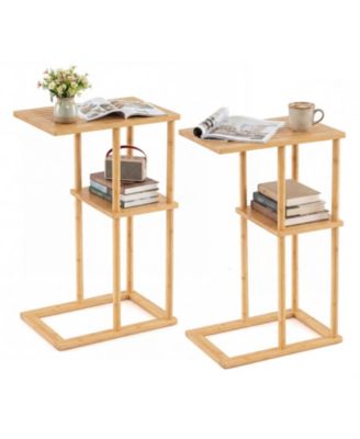 Set of 2 Bamboo Side Tables with 2-Tier Storage Shelves