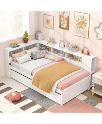 Twin Size Daybed Platform Bed Frame with Trundle and Bedside Shelves