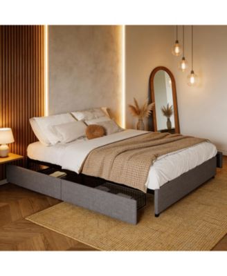 Space-Saving Platform Bed Frame with 4 Storage Drawers - Linen Upholstered, Sturdy Wooden Slats
