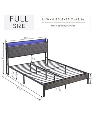 Full Size Upholstered Bed Frame with Storage Headboard, LED Lights and Charging Station, Platform Bed