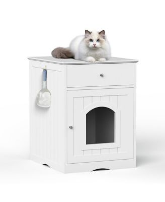 Wooden Indoor Pet House with Drawer, Multi-Function Cat and Small Animal Home, Enclosed Furniture Crate Nightstand for Bedroom