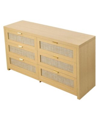 6 Drawer Rattan Dresser, Natural Rattan Chest with Metal Handle for Bedroom