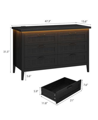 Farmhouse Drawer Dresser with Charging Station and LED Lights, Slim Wooden Bedroom Dresser