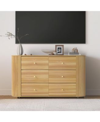 TV Stand with Drawers, Fluted Dresser 2 Curved Profile Fluted Sliding Doors, 6 Drawers Wood TV Stand for Living Room Bedroom