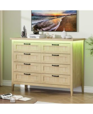 Farmhouse Drawer Dresser with Charging Station and LED Lights, Slim Wooden Bedroom Dresser