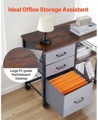 Metal File Cabinet, 3 Fabric Drawers, Wooden Vertical Filing Storage