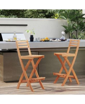 Folding Acacia Wood Bar Height Chair Set of 2 with Backrest and Footrest