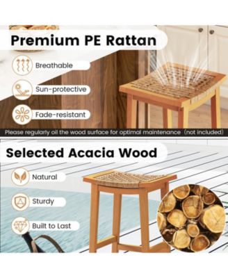 Acacia Wood Outdoor Bar Stools Set of 2 with Woven Rattan Seats