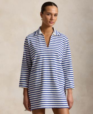 Women's Striped Cotton Jersey V-Notch Collar Dress