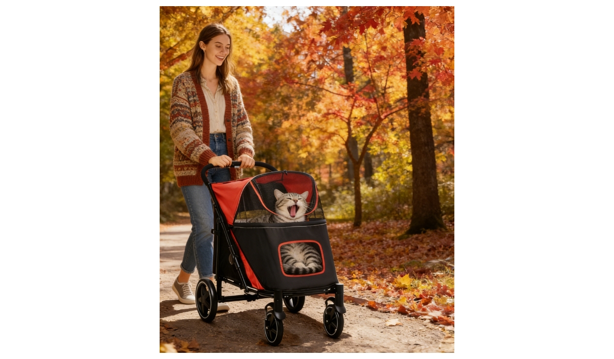 Zeus and Ruta Cat Stroller with One Click Foldable, Shock Absorbing Wheels, Easy Storage, Indoor/Outdoor Ready