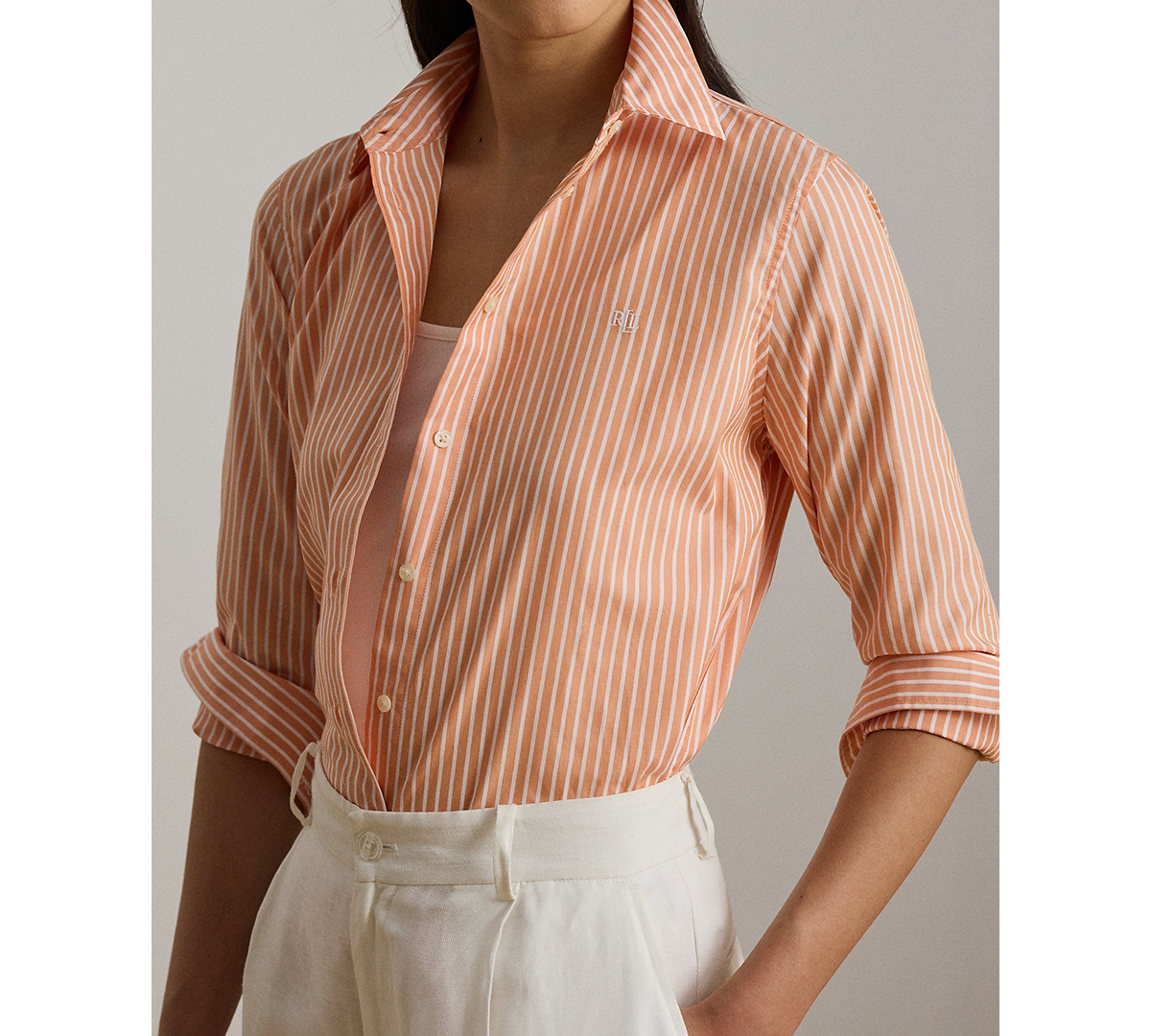 Lauren Ralph Petite Point Collar Classic Fit Striped End-On-End Shirt