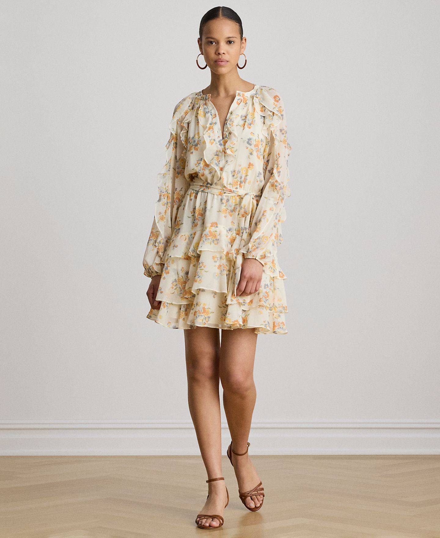 Женское платье Lauren Ralph Lauren Band Collar Floral Ruffle-Trim Tiered, цвет: Кремовый разноцветный — фото 2