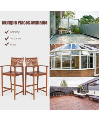 2-Piece Outdoor Acacia Wood Bar Chairs with Sunflower Back and Armrests