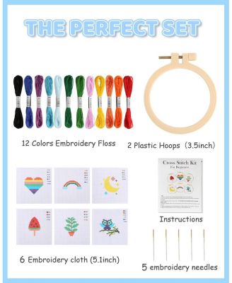 Cross Stitch Beginner Kit Kids 7-13 6 Project Patterns 2 Hoops 12 Skeins Starter Sewing Set Christmas Gift