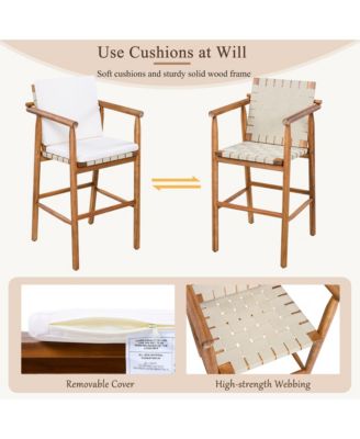 Set of 2 Outdoor Counter Height Bar Stools with Acacia Wood Frame, Backrest and Webbing Seat