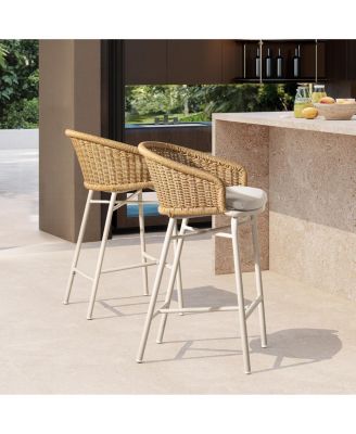 Santorini 28" Wicker Back Outdoor Bar Stool with Cushion, Patio Bar Chair Set of 2