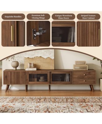  TV Stand , Wood-Grain Entertainment Center with Fluted Cabinet Door, Sliding Glass Doors, and 2 Drawers for Living Room